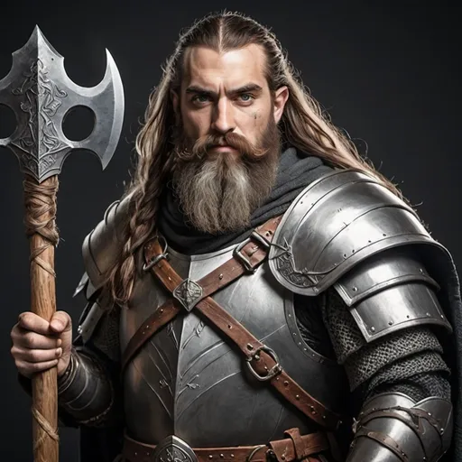 Prompt: Create a portrait of a grim human Paladin with a long-braided beard, iron armor, and a mighty axe 2-handed axe. Depict them in a Tolkien-esque fantasy world.