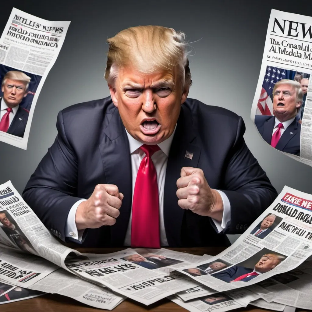 Prompt: Create a photorealistic picture of a Donald Trump crushing the fake news media 