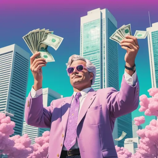 Prompt: A vaporwave picture of a Mayor of a large city throwing money into the wind