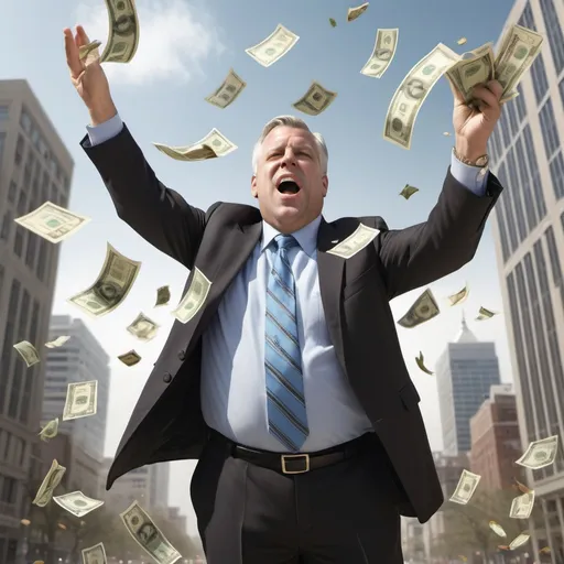 Prompt: A photorealistic picture of a Mayor of a large city throwing money into the wind