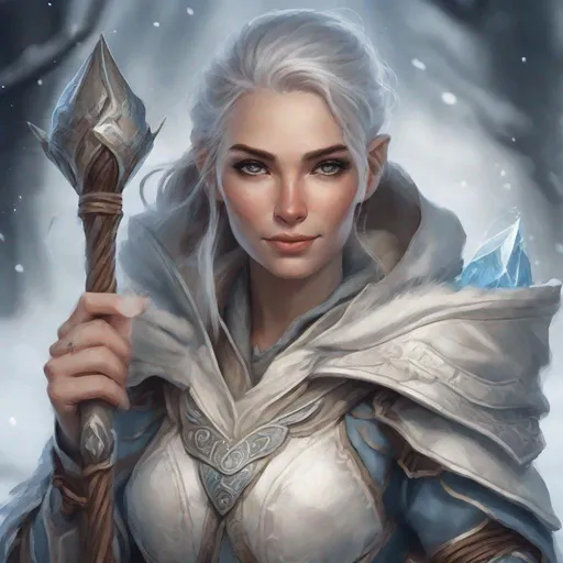 Prompt: Create a portrait of a smirking female human frost mage , in cloth armor, with a 2-handed magical staff, and casting a cone of cold spell. Depict them in a Tolkien-esque fantasy world.