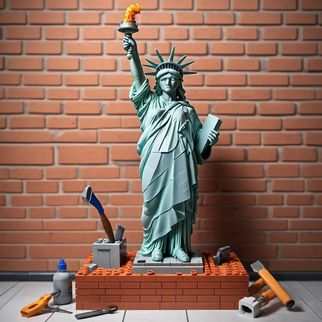 Prompt: Create a photorealistic picture of the Statue of Liberty with bricklaying tools in her hands. building a brick wall.