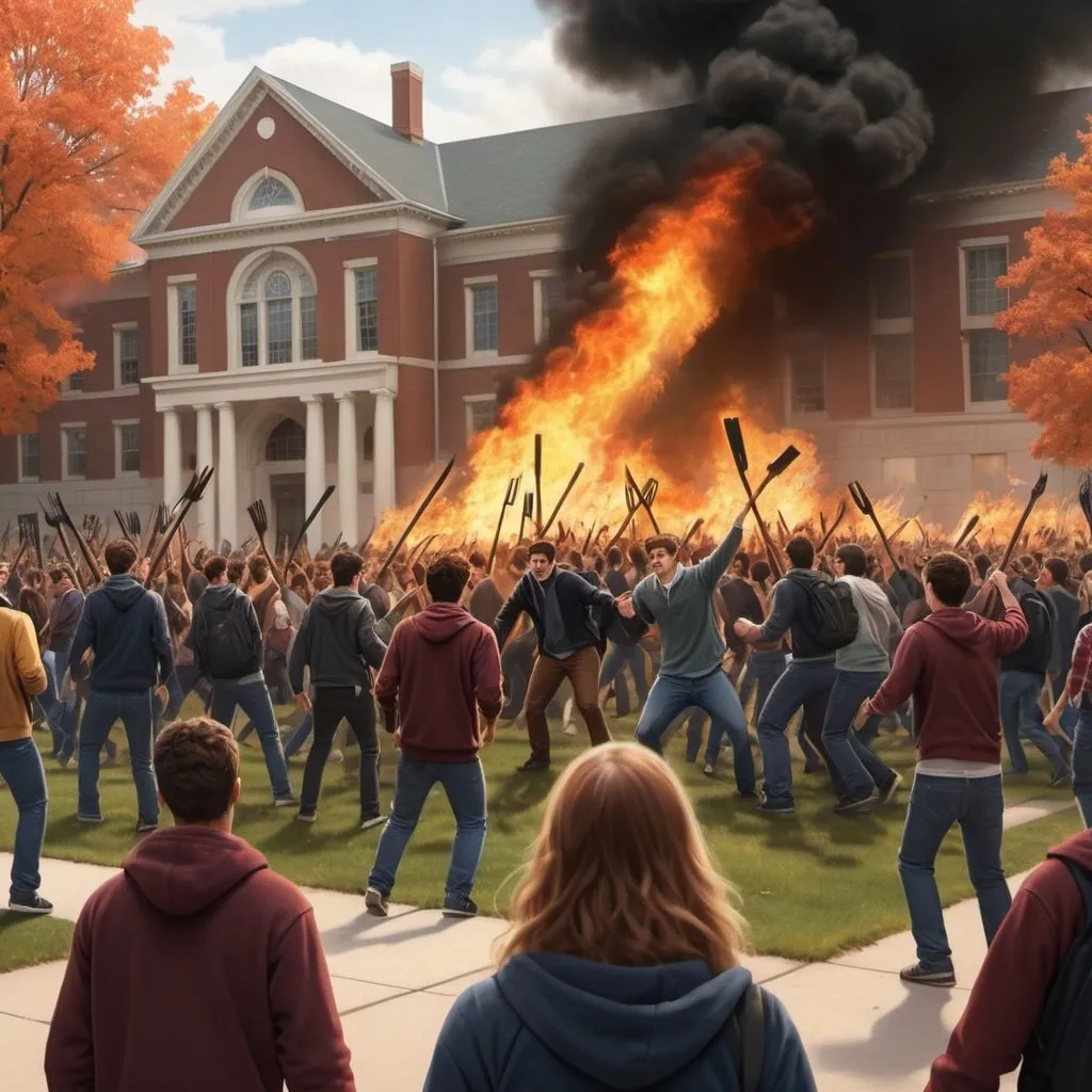 Prompt: Create a picture of college students rioting on the campus of a college with fire and pitchforks in photorealistic style.