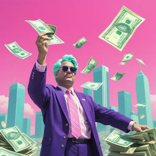 Prompt: A vaporwave picture of a Mayor of a large city throwing money into the wind