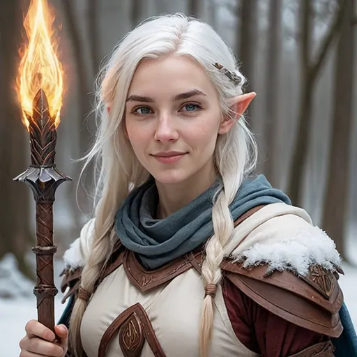 Prompt: Create a portrait of a smirking female human frost mage , cloth armor, and 2-handed magical staff. Depict them in a Tolkien-esque fantasy world.