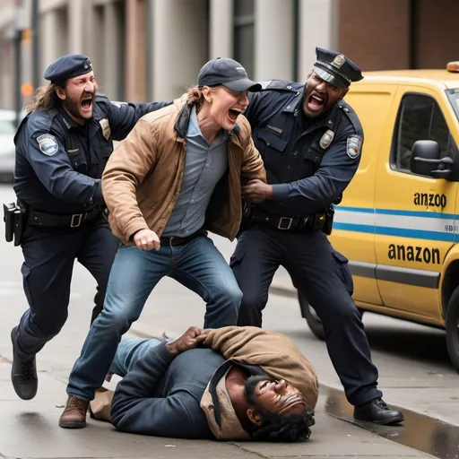 Prompt: create a photorealistic picture of an Amazon delivery driver being attacked by a homeless person while one police officer is laughing at the scene