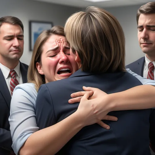 Prompt: Create a photorealistic picture of a United States State Department worker crying and hugging other co-workers