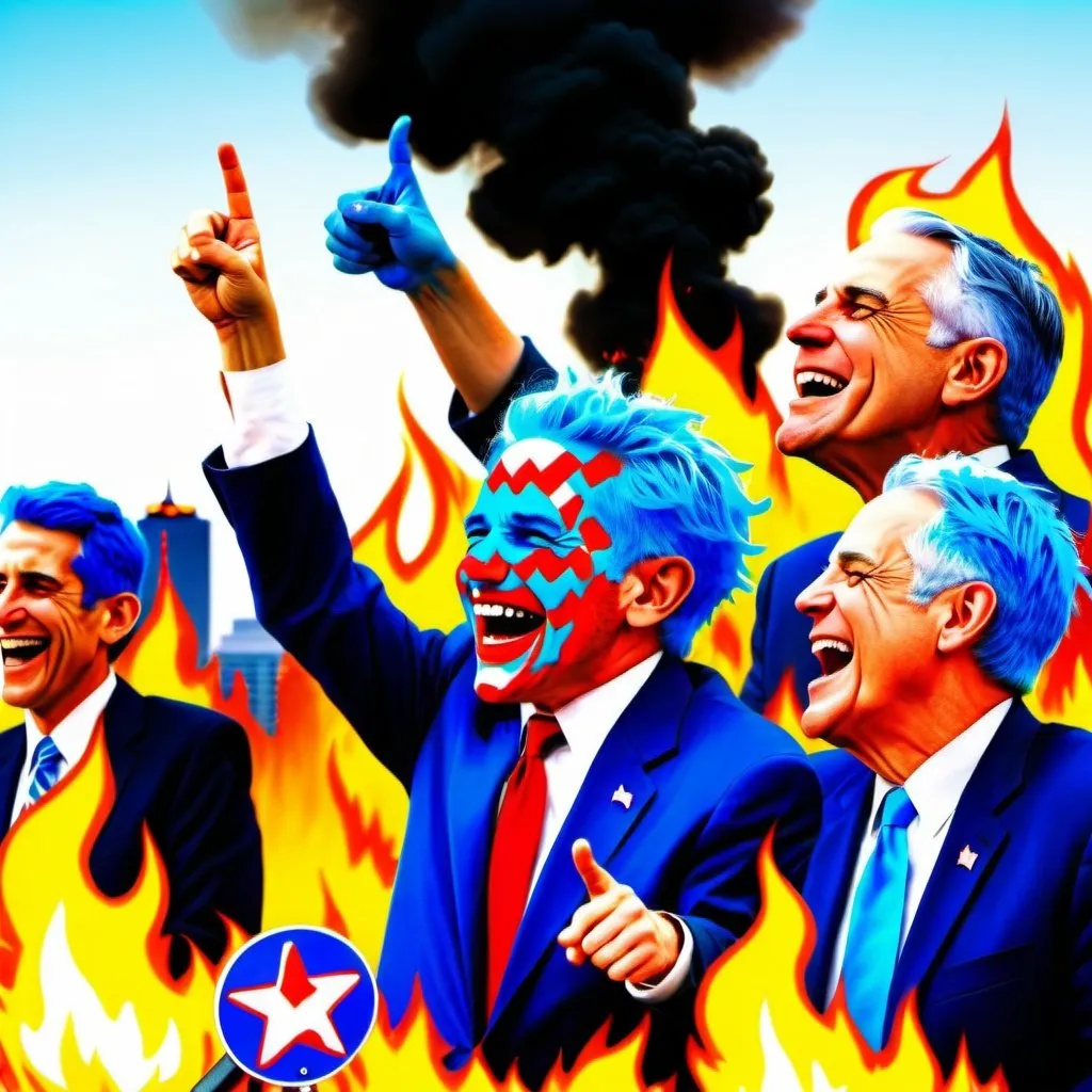 Prompt: Make a photorealistic picture of a burning American as 4 blue-haired Democrats laugh and point at the large city