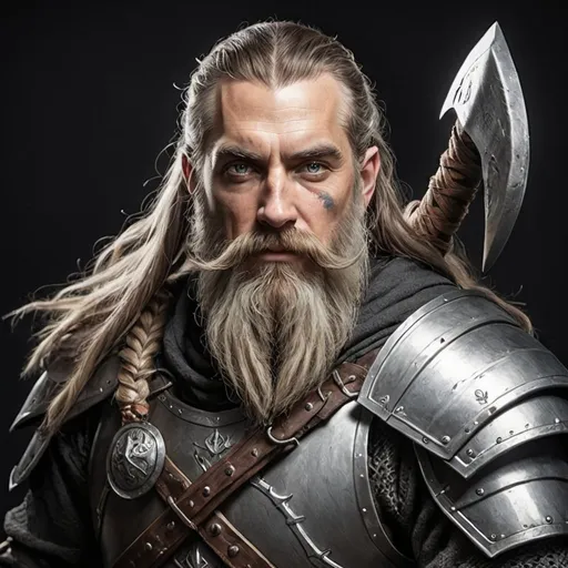 Prompt: Create a portrait of a grim human Paladin with a long-braided beard, iron armor, and a mighty axe 2-handed axe. Depict them in a Tolkien-esque fantasy world.