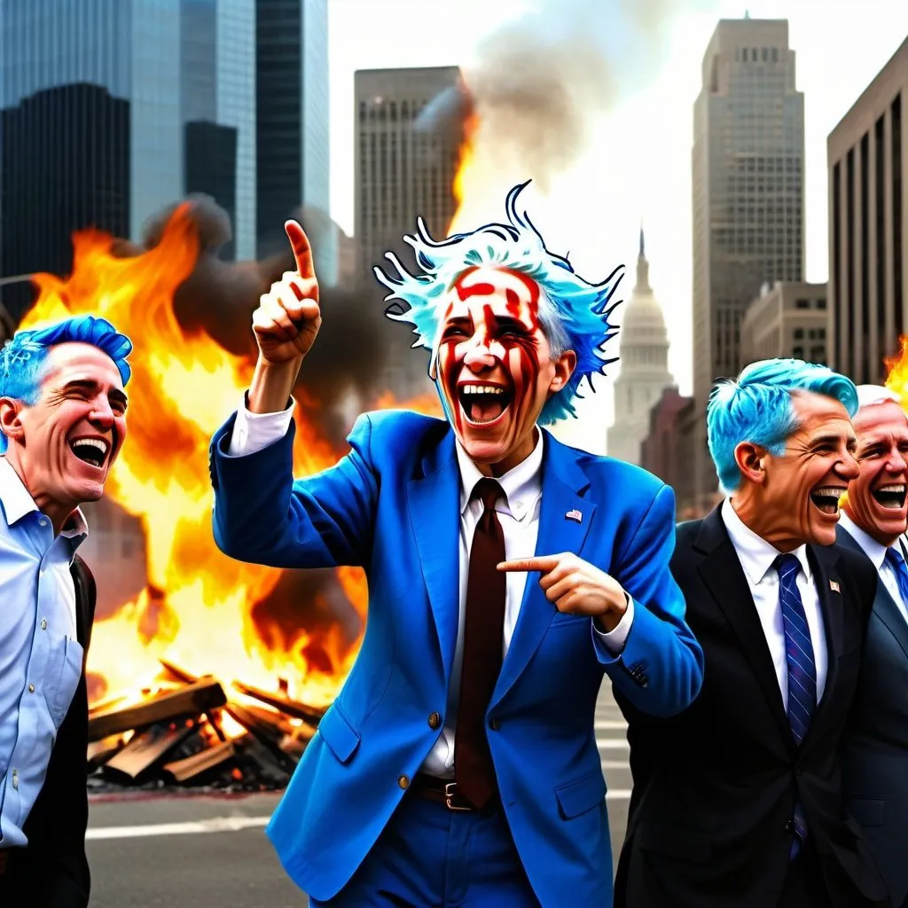 Prompt: Make a photorealistic picture of a burning American as 4 blue-haired Democrats laugh and point at the large city