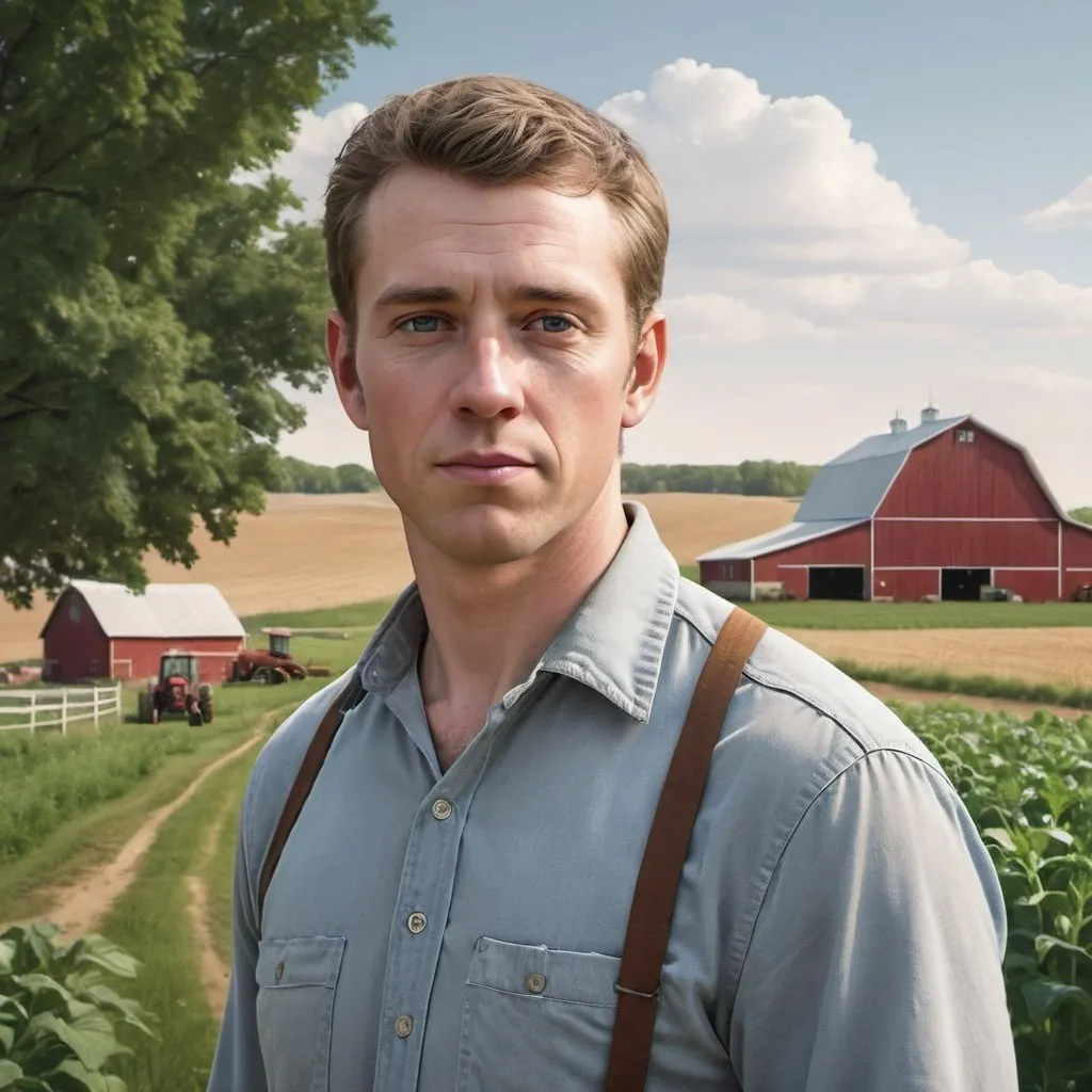 Prompt: Create a photorealistic picture of a white man on a rural farm in the Midwest of the USA