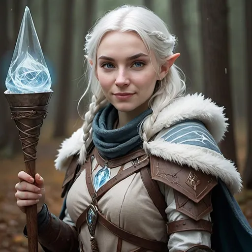 Prompt: Create a portrait of a smirking female human frost mage , in cloth armor, with a 2-handed magical staff, and casting a cone of cold spell. Depict them in a Tolkien-esque fantasy world.