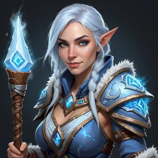 Prompt: Create a portrait of a smirking female human frost mage , in cloth armor, with a 2-handed magical staff, and casting a cone of cold spell. Depict them in a World of Warcraft fantasy world.