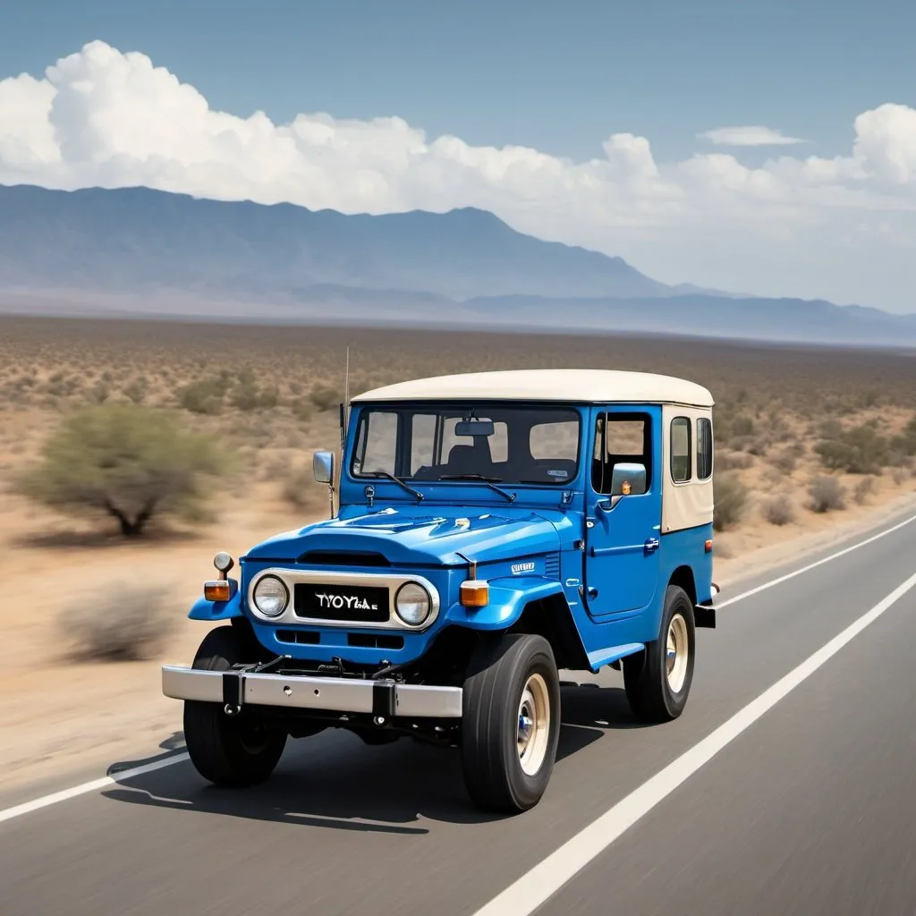 Prompt: create a photorealistic picture of a blue 1978 Toyota Land Cruiser FJ40 driving down a lonesome highway