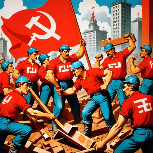 Prompt: Russian language, Planned Economy > Market Economy: A classic communist-style poster, depicting the unity and progress of the working class under a planned economy. The poster shows a group of workers building a great construction project in the background, with a large hammer and sickle prominently displayed. In the foreground, a group of workers in matching red shirts are holding up a red flag with the words "Long Live the Planned Economy!" in big, bold letters.