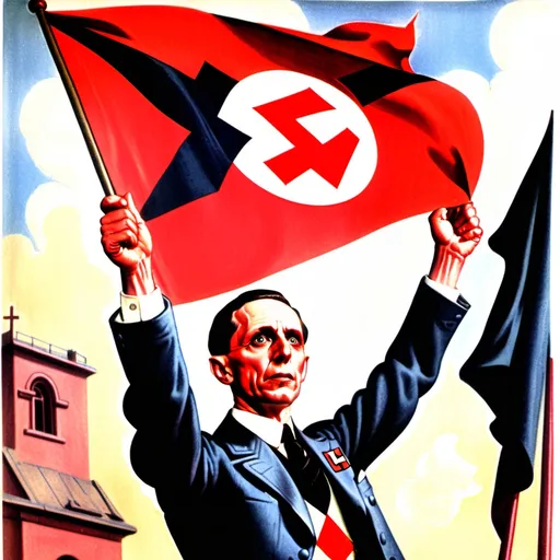 Prompt: Joseph Goebbels holding a big Red flag with a white circle on the middle and a black Swastika. Colored, 1945