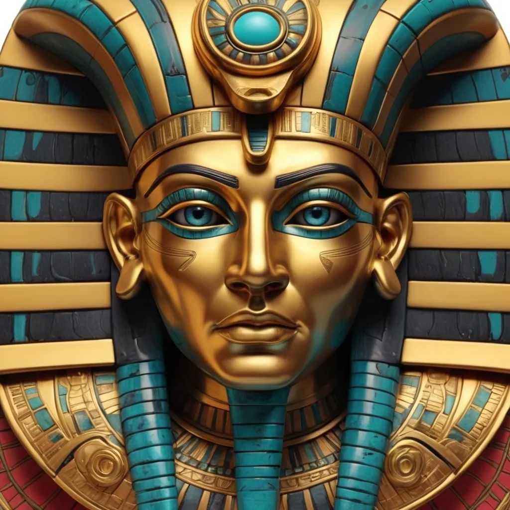 Prompt: ultra detailed hi-rez egyptian mask made of gold ebony and turquoise, very detailed large eyes, snake symbol on the forehead, zoom out and show the whole mask on a red background


