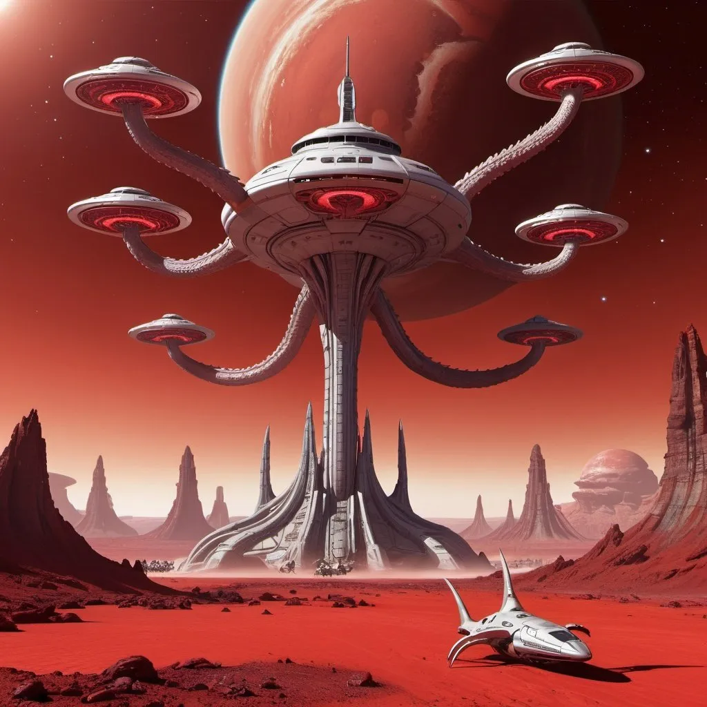 Prompt: 5 headed hydra on a red alien planet with a giant starship orbiting above the planet