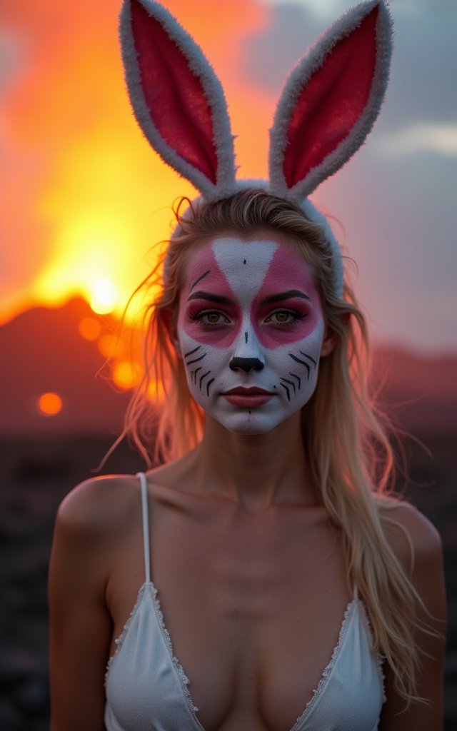 Prompt: a beautiful woman wearing bodypaint with bunny ears and bunny facepaint in front of a live volcano