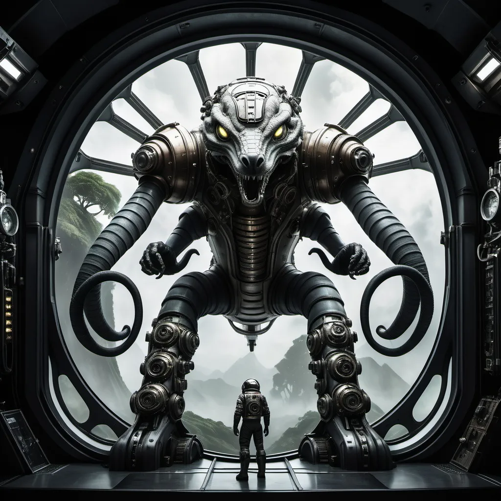 Prompt: a gigantic mechanical three headed hydra in a spacesuit standing in front of a large window in a steampunk spaceship in the dark lit by one side mounted light, showing a distant lush black and white jungle planet and black sky outside the window