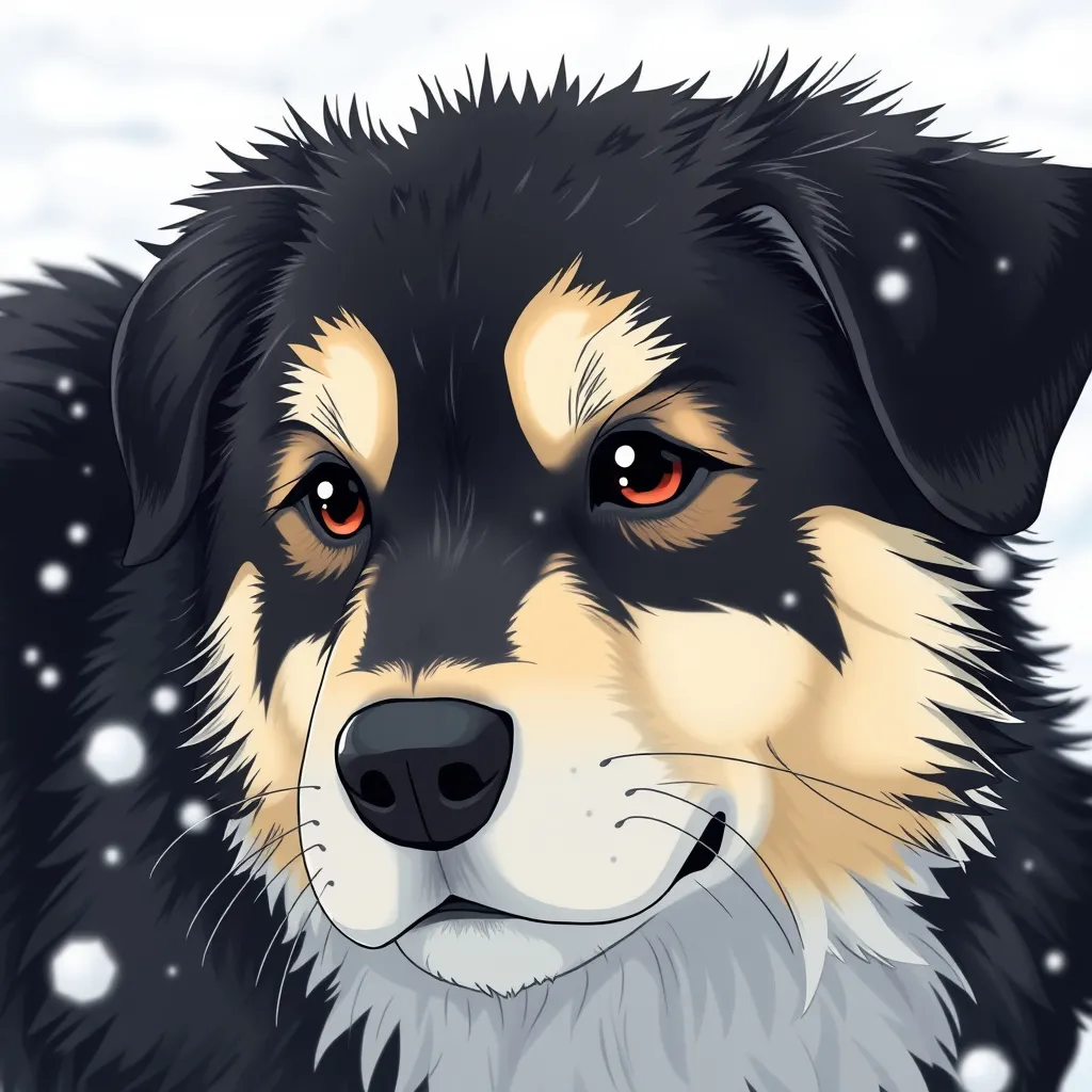 Prompt: anime style black striped dog close up with detailed fur in the snow