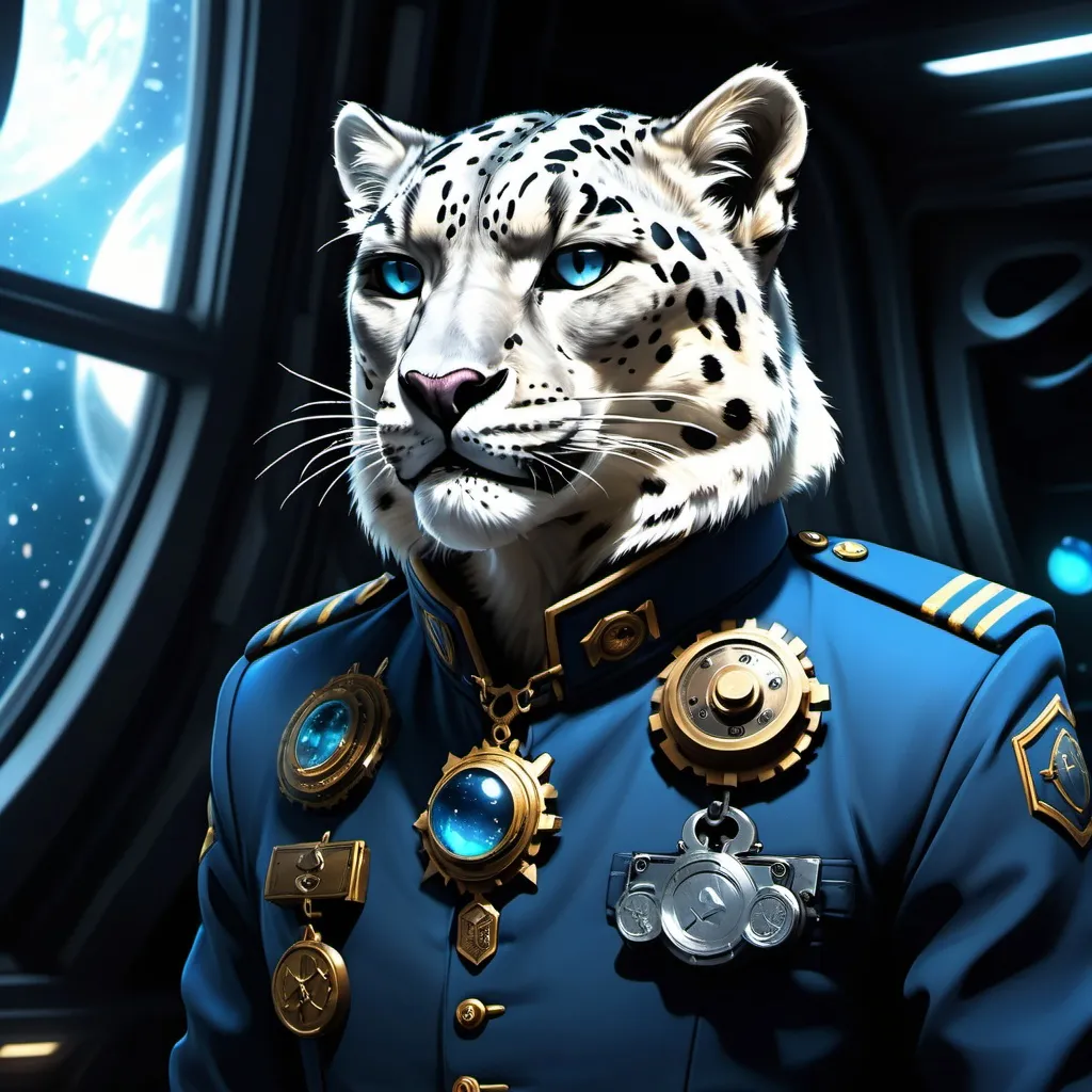 Prompt: a close up of a snow leopard military general with many medals on his chest, standing in front of a large window in a steampunk spaceship in the dark lit by one side mounted light, showing a distant lush blue ice planet and black space outside the window