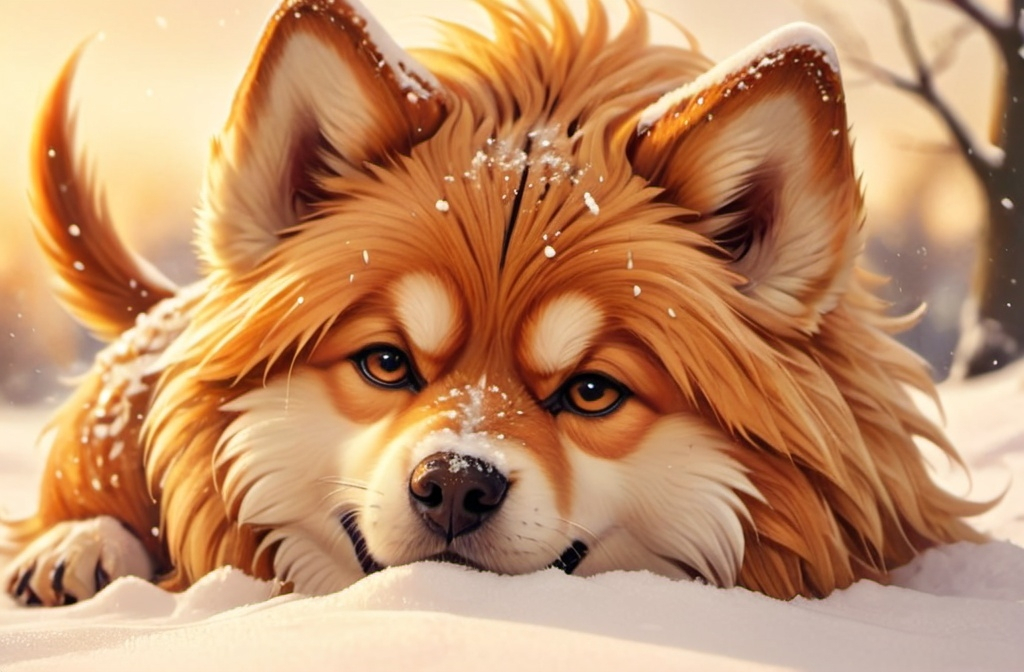 Prompt: anime style dog close up with detailed fur in the snow