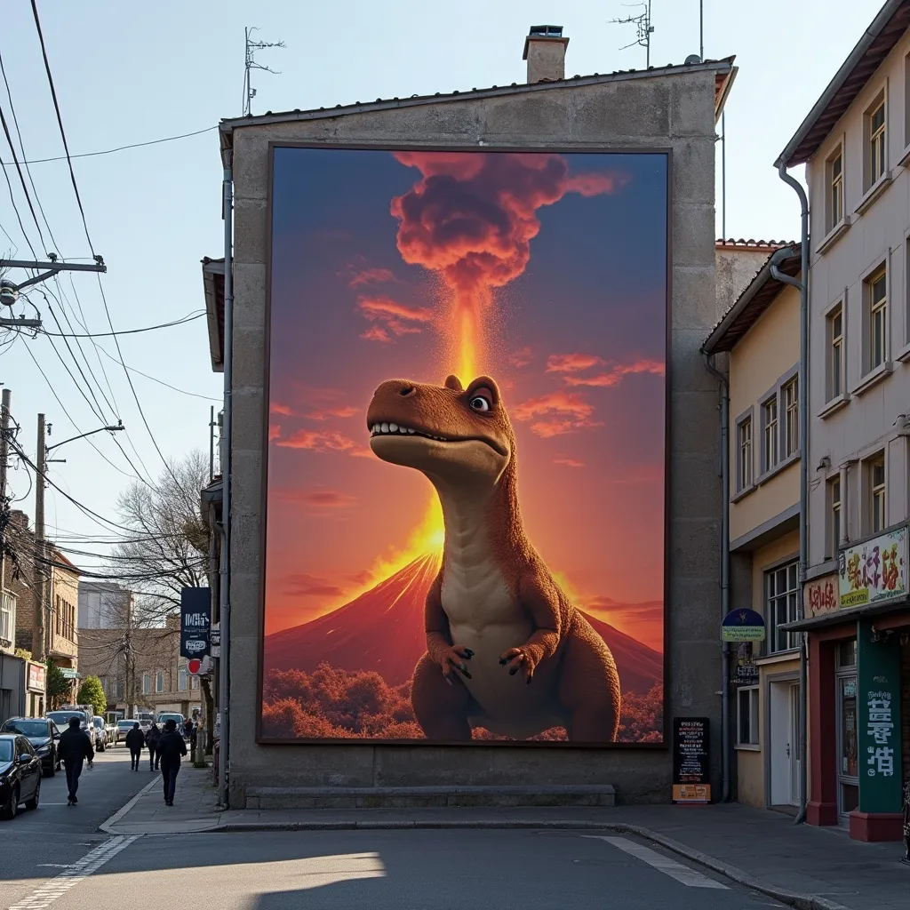 Prompt: A movie poster on a building wall depicting a movie called "Benjisukkus" showing a cartoon dinosaur dog that has big frown standing in front of a volcano