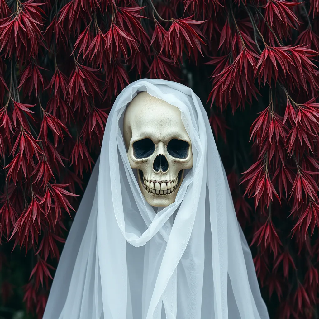 Prompt: a white veil with a screaming skull coming through it on a background of red willow leaves