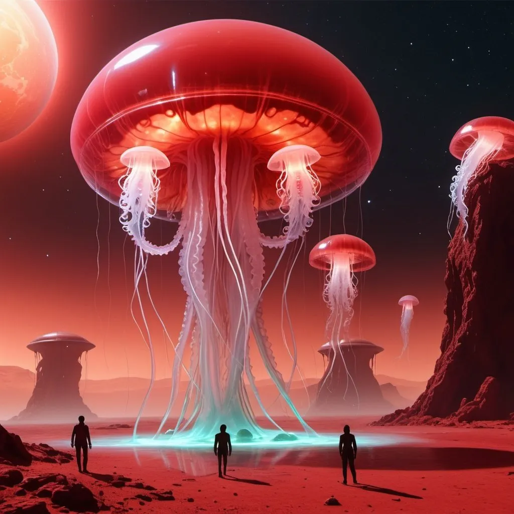 Prompt: 5 headed hydra translucent jellyfish on a red alien planet witha a huge alien starship orbiting the planet