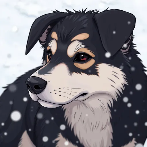 Prompt: anime style black striped dog close up with detailed fur in the snow