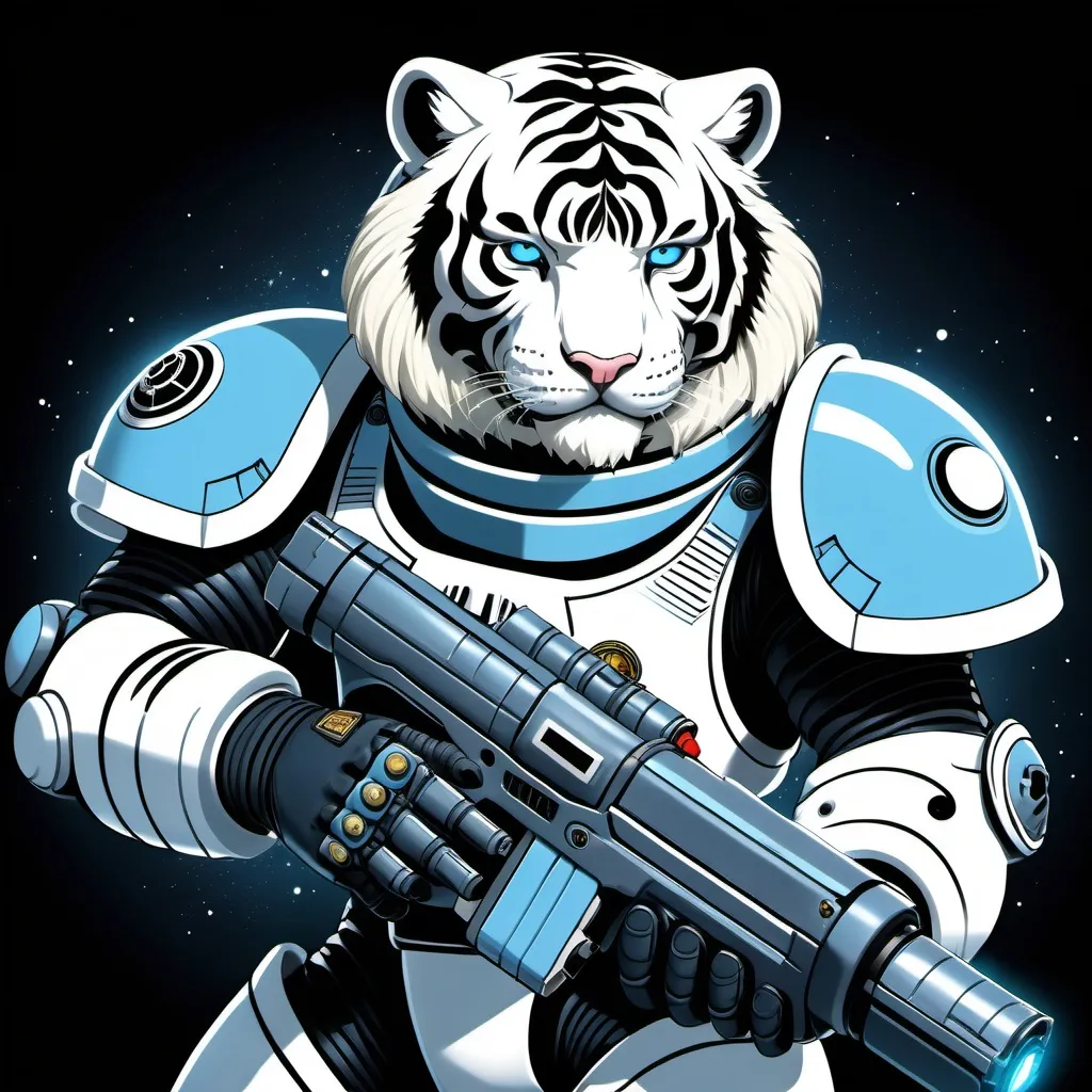 Prompt: anime style, An albino tiger space marine wearing space armor and holding a lazer blaster, his spacesuit is light blue and black, the background is black space