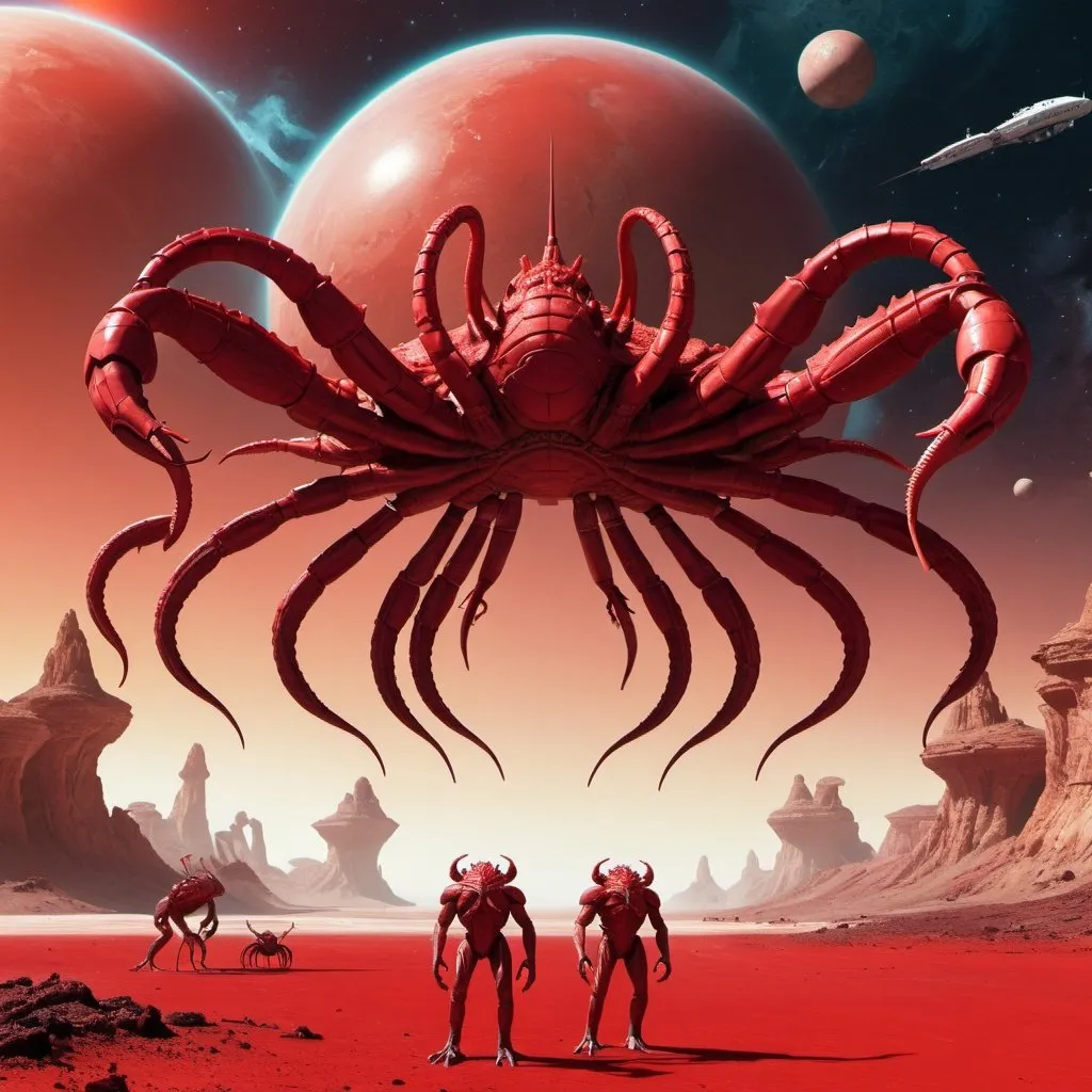 Prompt: 5 headed hydra on a red alien planet with a giant crab starship orbiting above the planet