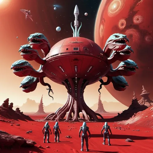 Prompt: 5 headed hydra on a red alien planet with a giant starship orbiting the planet