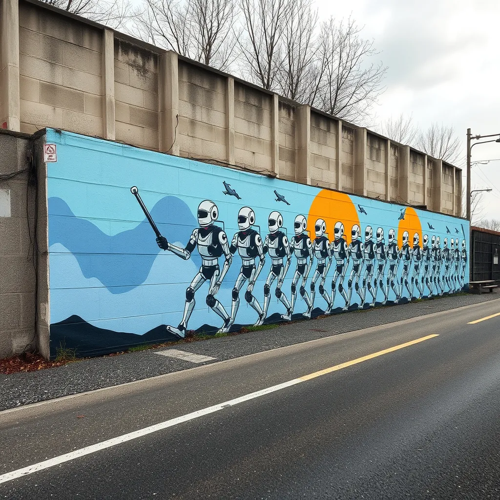 Prompt: A mural painted on a concrete block wall in front of an asphalt road depicting an Ai controlled robot army marching toward a glorious future of world domination