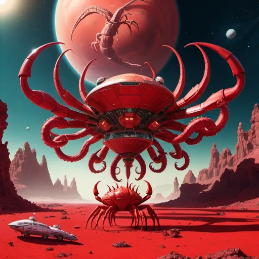 Prompt: 5 headed hydra on a red alien planet with a giant crab starship orbiting above the planet