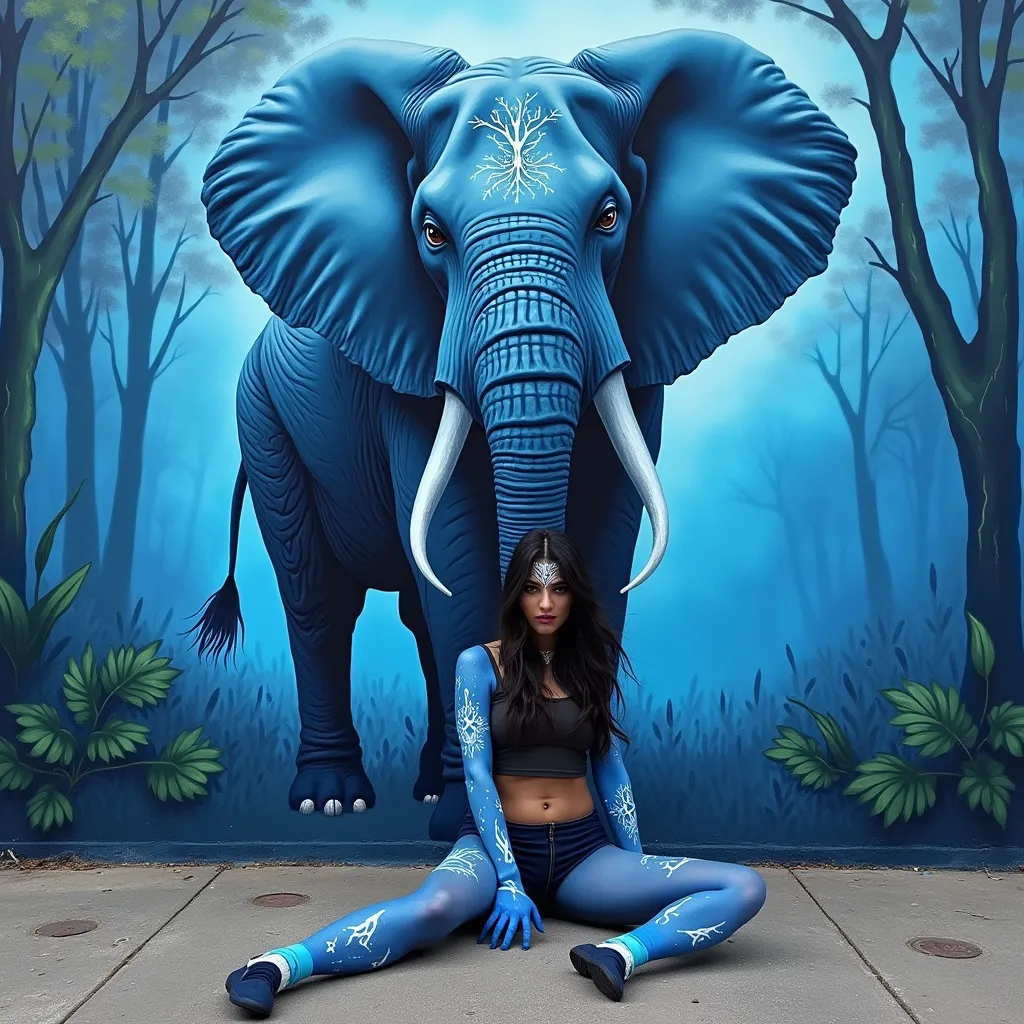Prompt: A beautiful dark haired woman with four arms wearing blue body paint sitting on the ground in front of a mural depicting an elephant walking through a blue forest