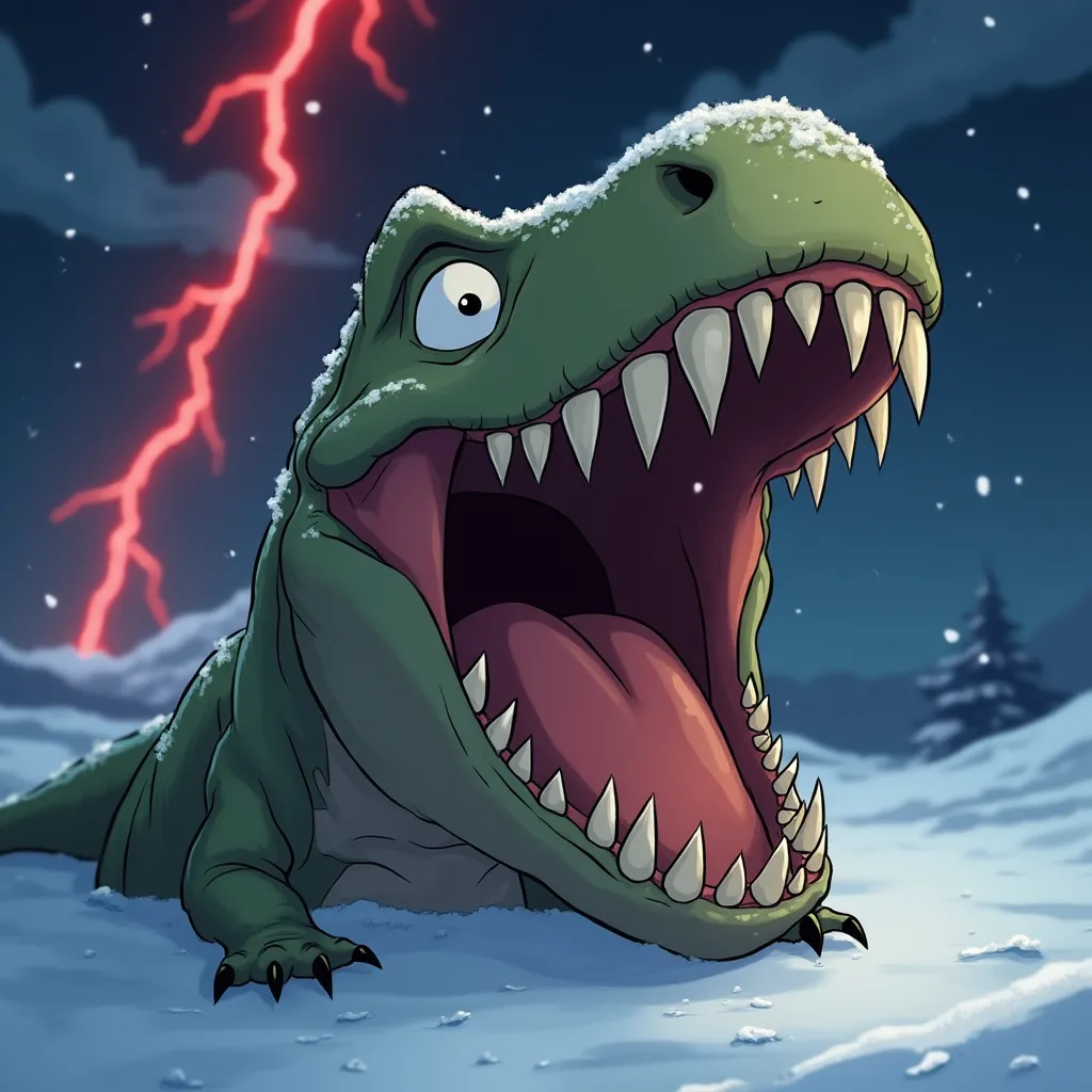 Prompt: cartoon dinosaur head close up screaming with mouth very wide open showing teeth, snow covered background and red lightning, Studio Ghibli style