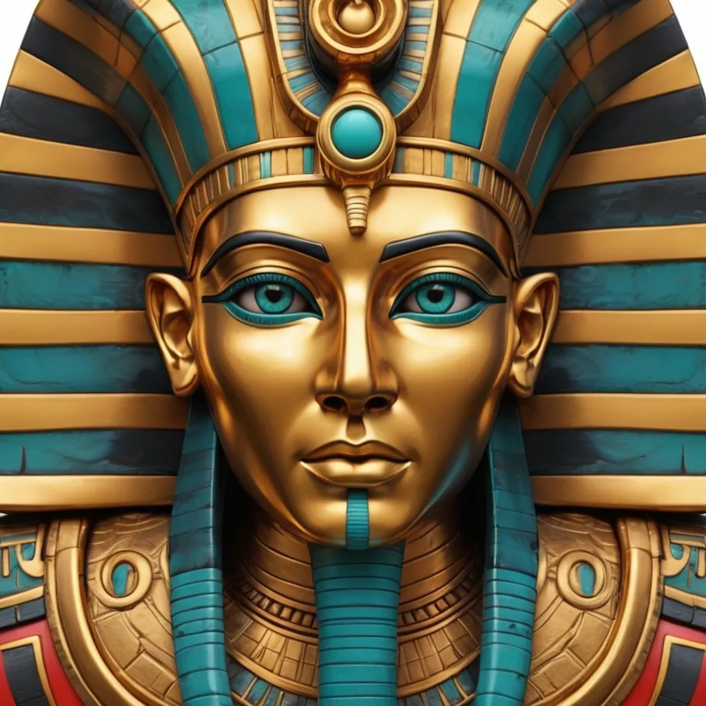 Prompt: ultra detailed hi-rez egyptian mask made of gold ebony and turquoise, very detailed large eyes, snake symbol on the forehead, zoom out and show the whole mask on a red background


