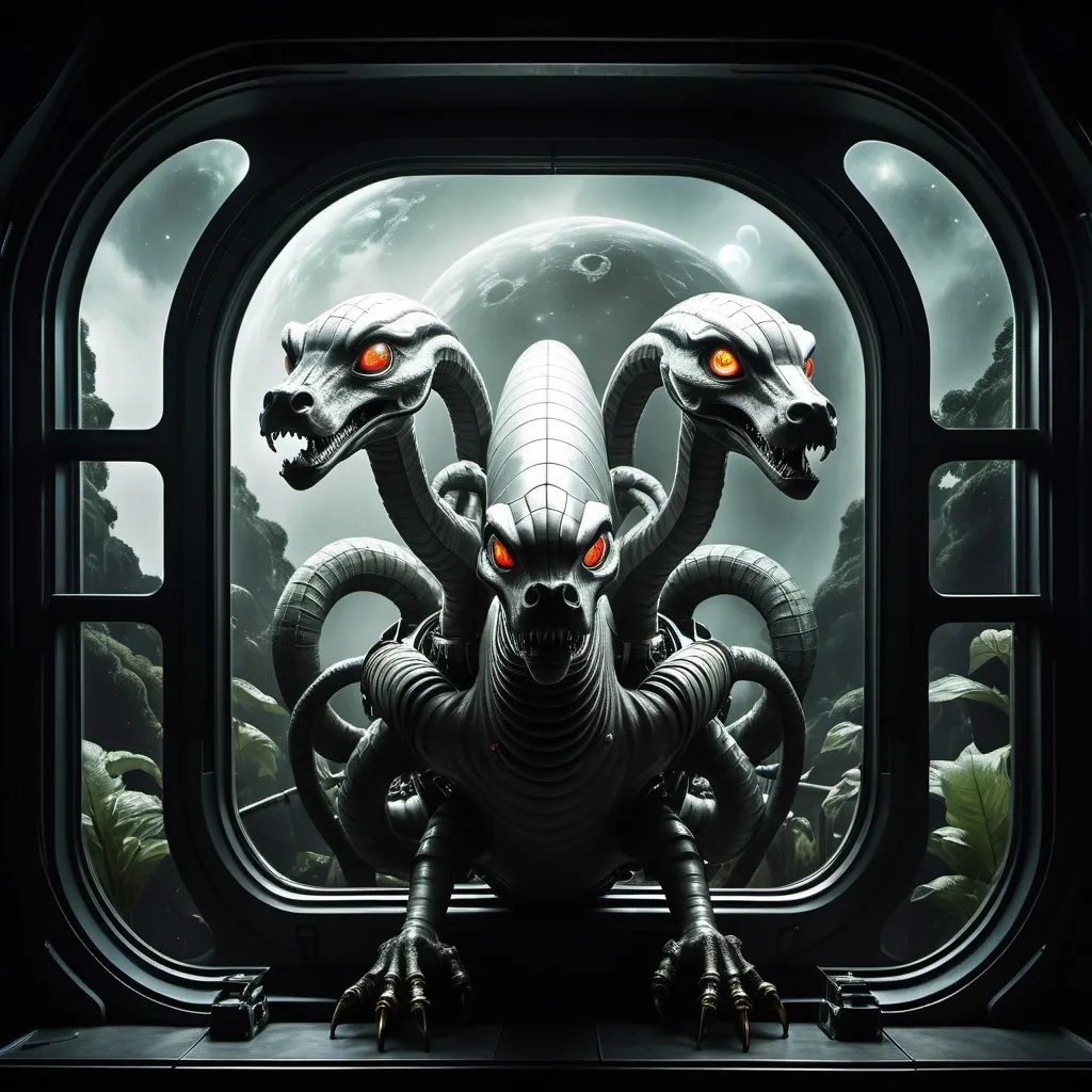 Prompt: a three headed hydra in a spacesuit standing in front of a large window in a steampunk spaceship in the dark lit by one side mounted light, showing a distant lush black and white jungle planet and black sky outside the window
