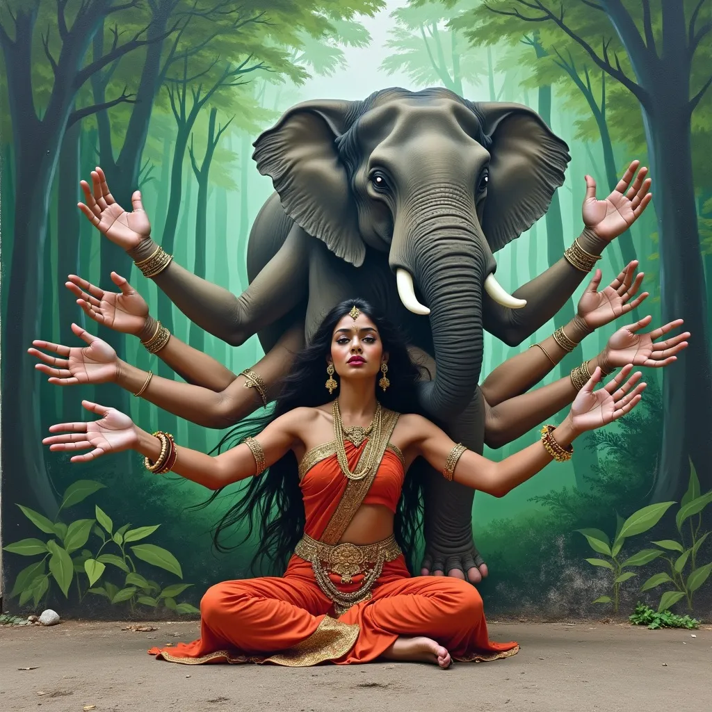 Prompt: A beautiful indian woman with six arms sitting on the ground in front of a mural depicting an elephant walking through a green forest