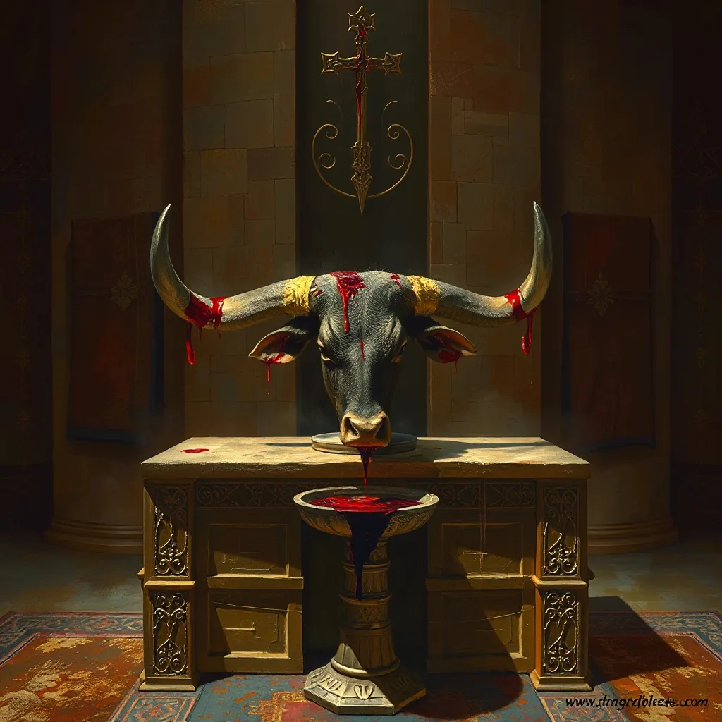 Prompt: The priest shall then put some of the blood on the horns of the altar of fragrant incense that is before the LORD in the tent of meeting. The rest of the bull’s blood he shall pour out at the base of the altar of burnt offering at the entrance to the tent of meeting.