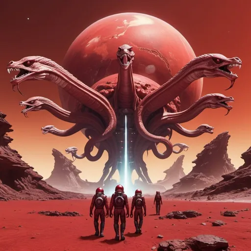 Prompt: 5 headed hydra on a red alien planet with a giant starship orbiting the planet