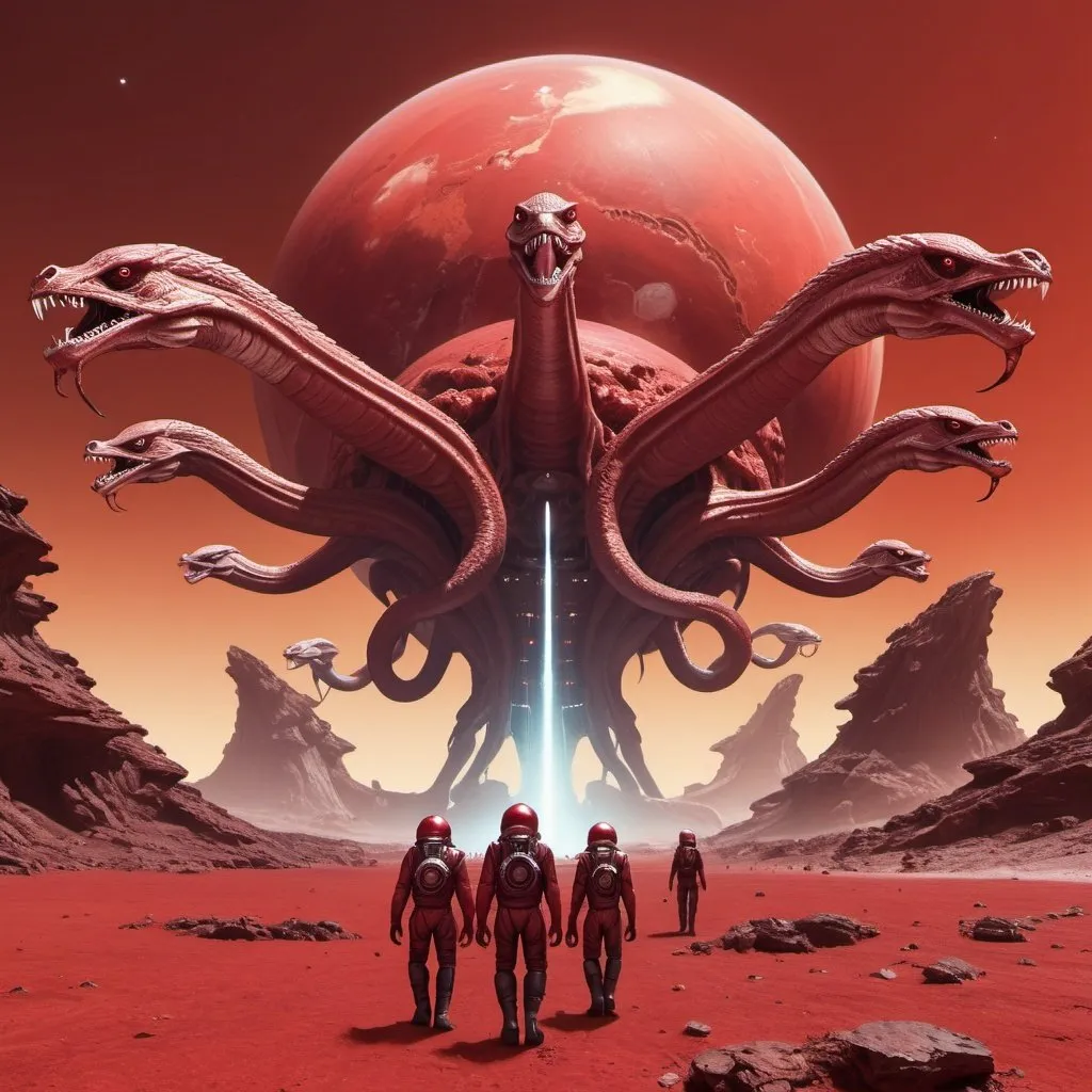 Prompt: 5 headed hydra on a red alien planet with a giant starship orbiting the planet