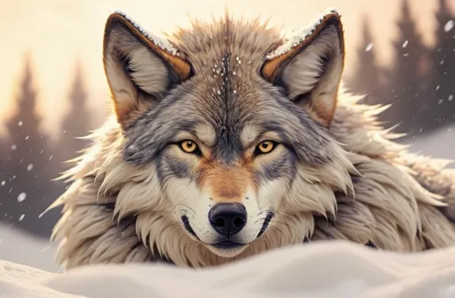 Prompt: anime style dyre wolf close up with detailed fur in the snow