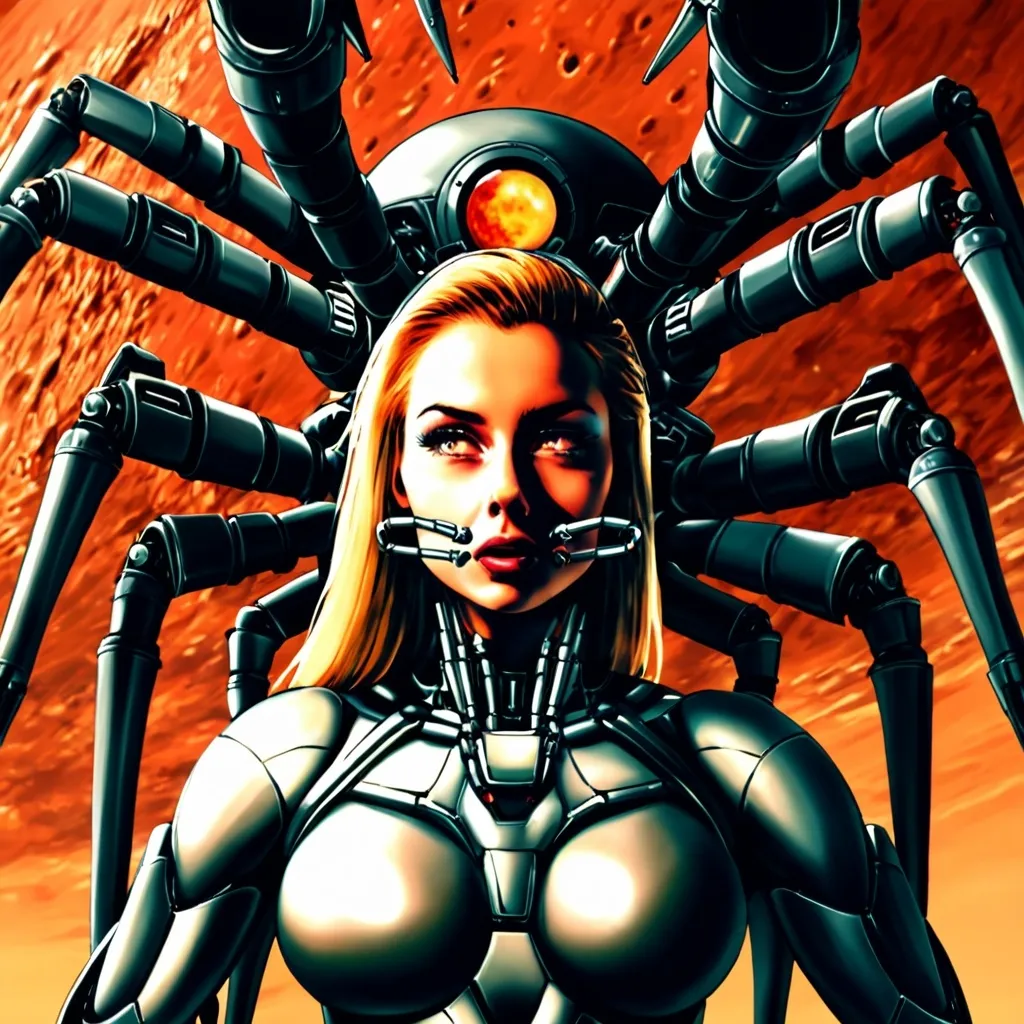 Prompt: Woman's face wearing rabbit make up with bunny ears on a mechanized terminator spider with eight legs, shiny metallic skin with ridged metallic tubing and metal muscle showing through it, gigantic metal mandibles, the background is a red planet surface with an orange sky and 3 moons.