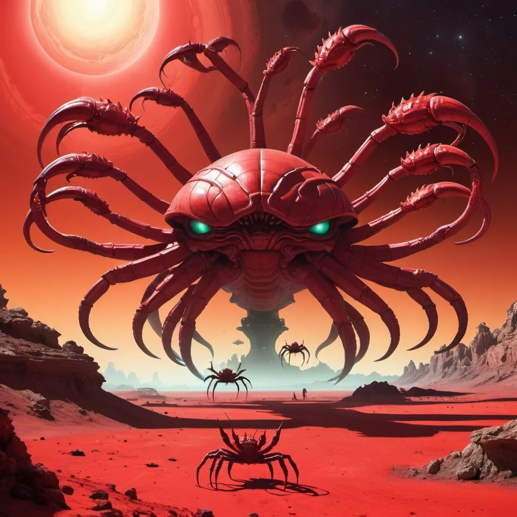 Prompt: 5 headed hydra on a red alien planet with a giant crab starship orbiting above the planet