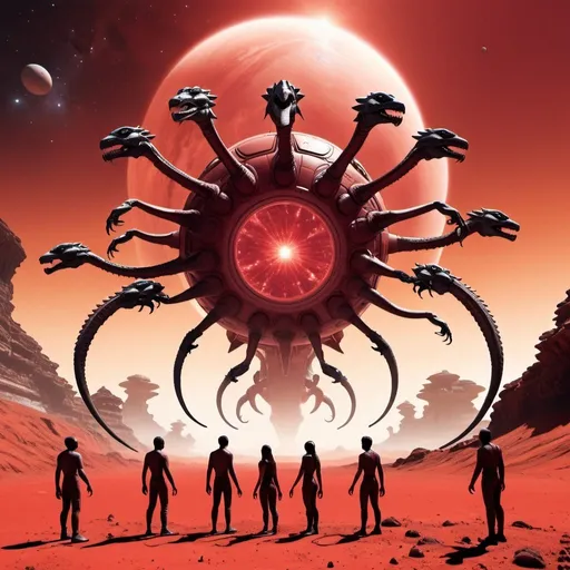 Prompt: seven hands reaching from the frame to a 5 headed hydra on a red alien planet with a giant starship orbiting above the planet