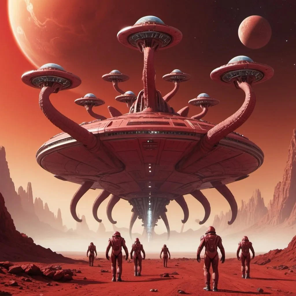 Prompt: 5 headed hydra on a red alien planet with a giant starship orbiting above the planet