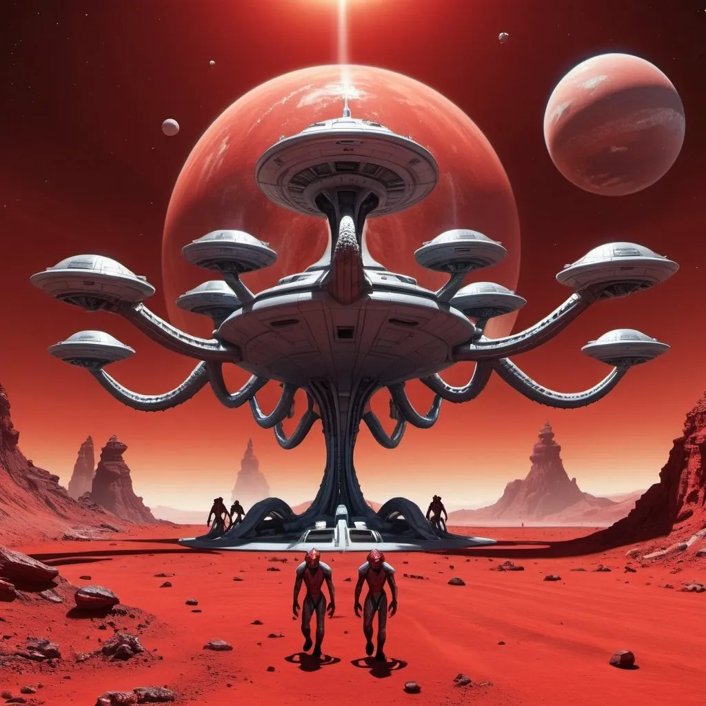 Prompt: 5 headed hydra on a red alien planet with a giant starship orbiting the planet